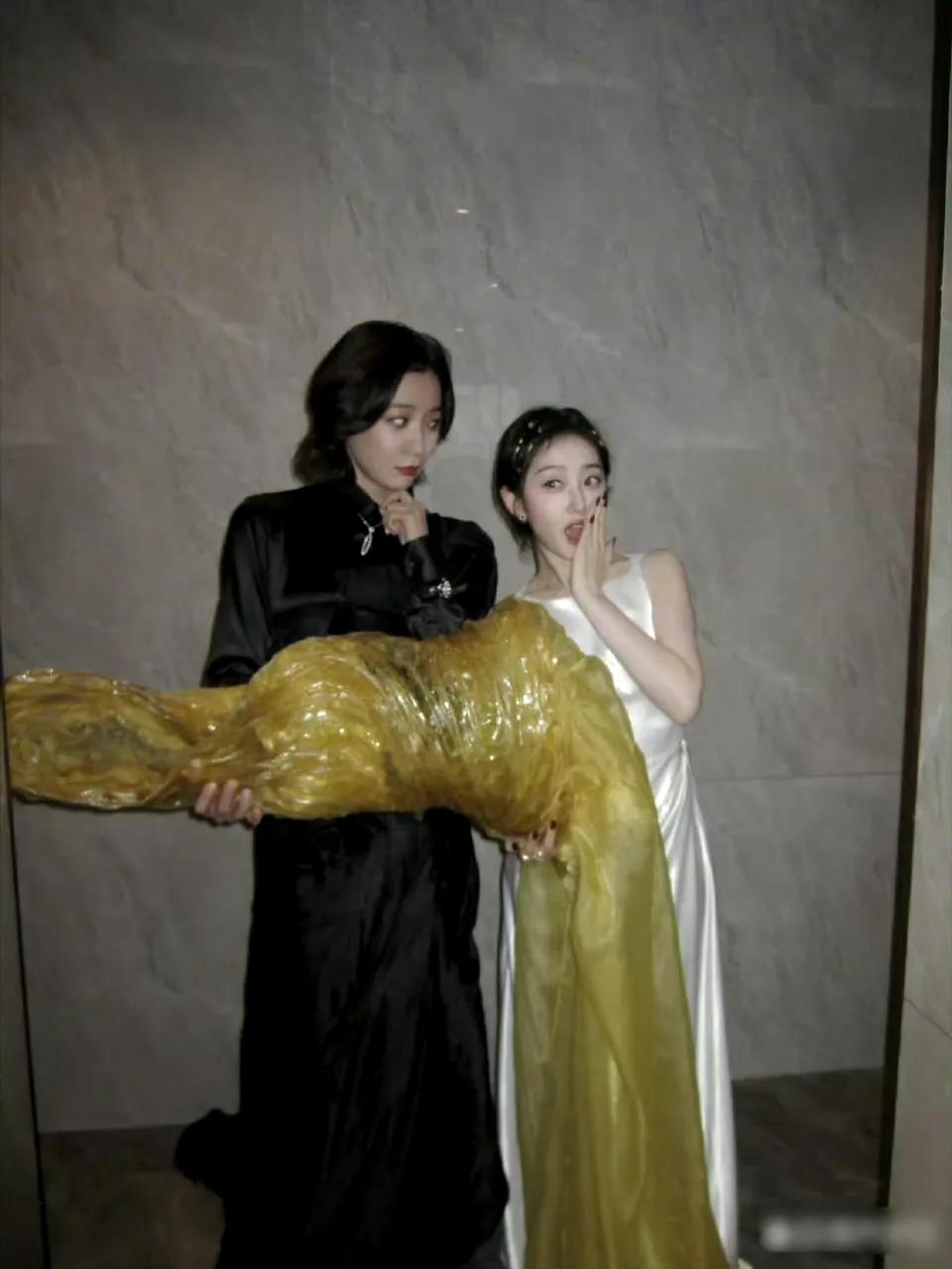 万万没想到王珞丹手里拿着的是蒋梦婕的礼服，单看好难看，上身效果好惊艳。​