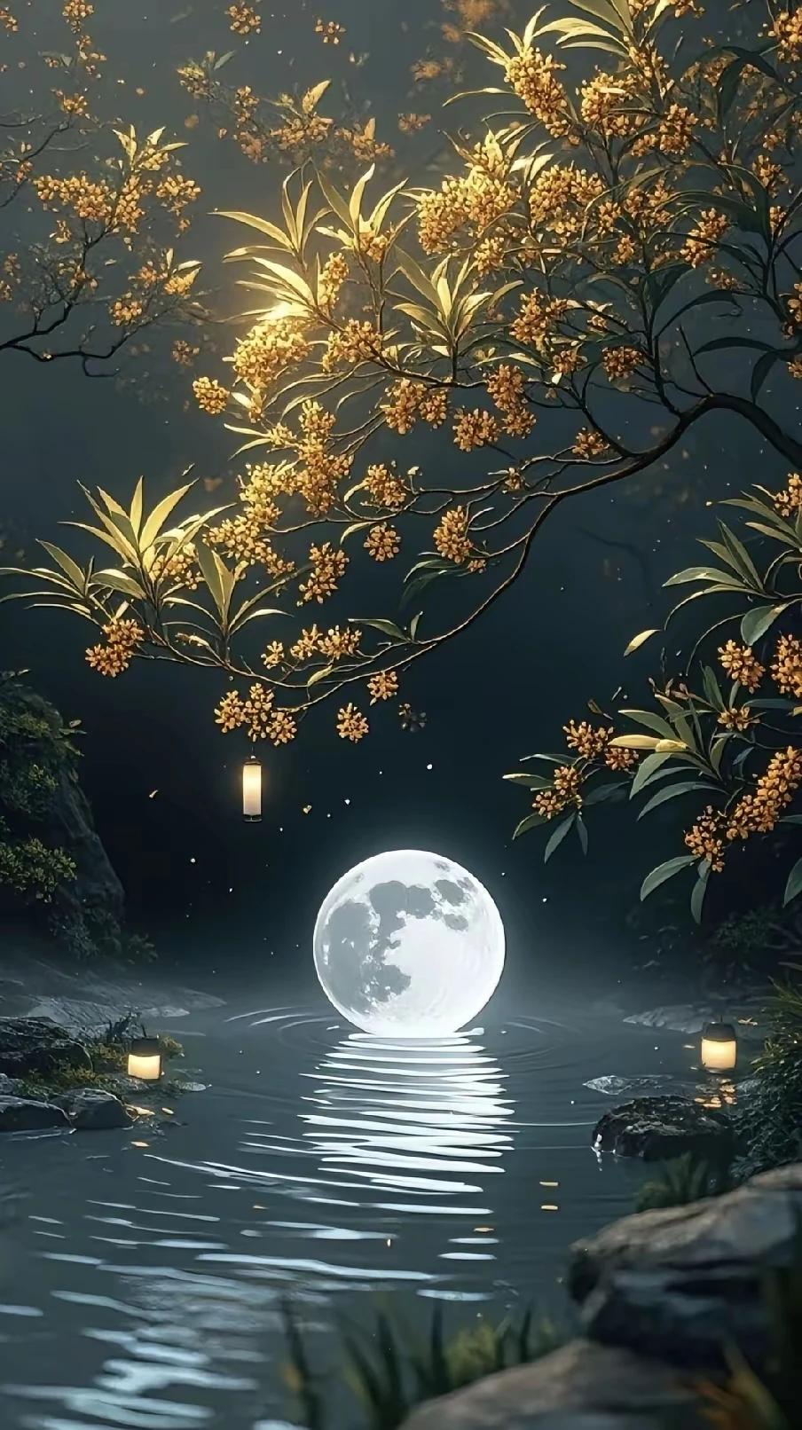 金桂垂枝蘸碧流，冰轮碾水碎成秋。几星灯影随波漾，一对玉盘手拉手。