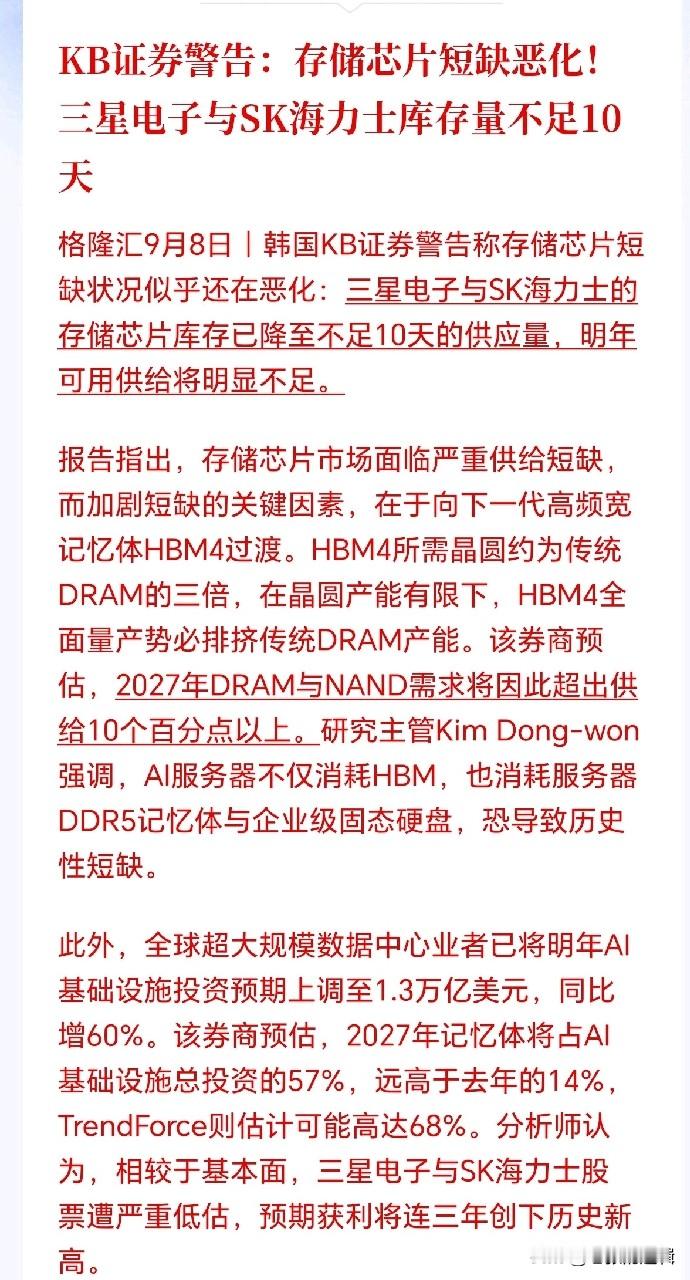 存储芯片严重缺货，2027估计会更疯！被爆库存仅剩10天，加价也要排队，明年供需失衡可能会加剧，因为