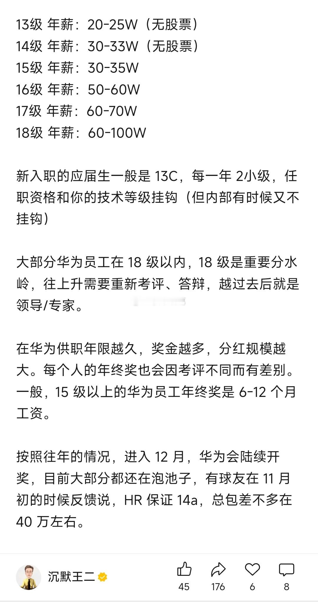 华为员工薪资待遇一览：