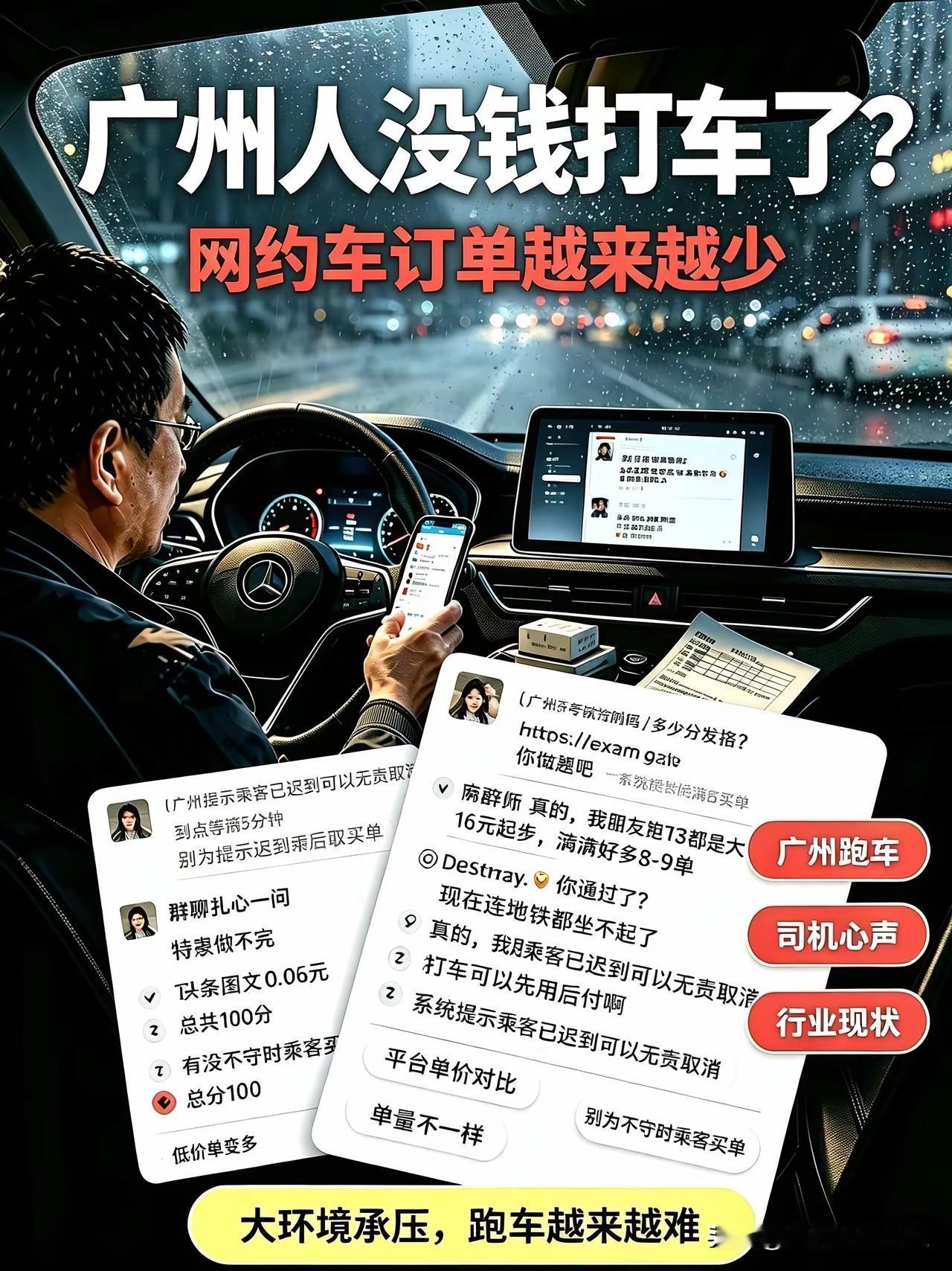 近期广州大批网约车司机在社群吐槽，直观感受到订单明显变少。高峰时段路边等候空车越