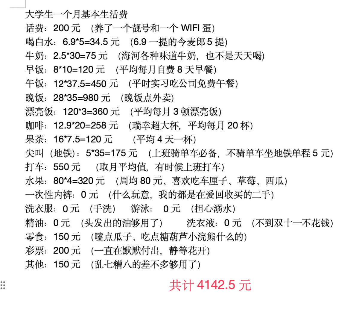 大学生一个月生活费如下：