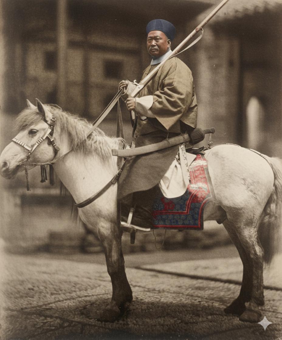 这张拍摄于19世纪80年代的照片，是清末帮办海军大臣善庆的珍贵戎装骑马影像。善