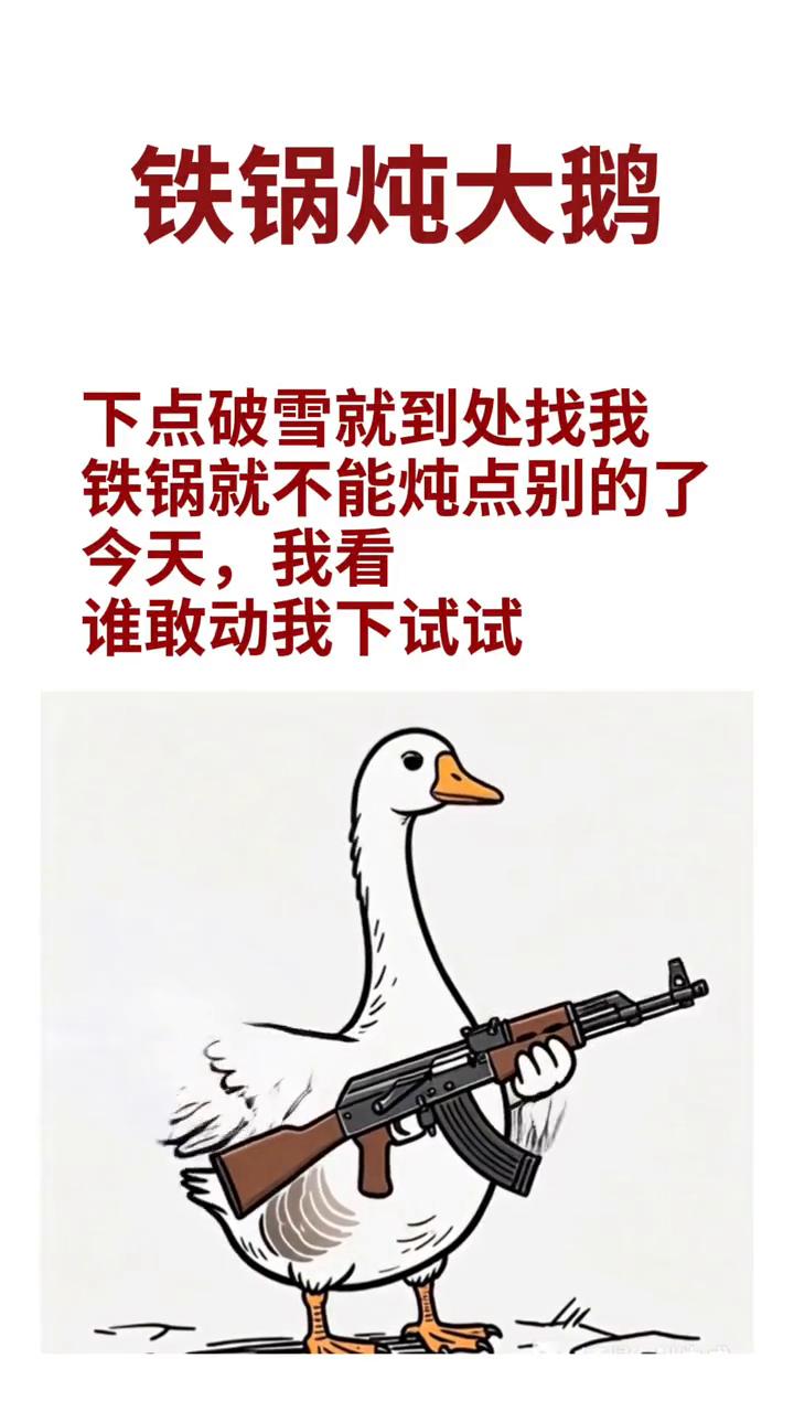 铁锅炖大鹅。下点破雪就到处找我，铁锅就不能炖点别的了。今天，我看谁敢动我下试试