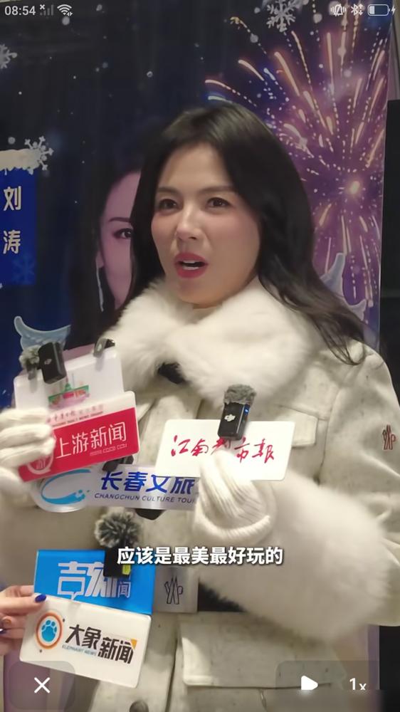 昨晚第七届长春冰雪新天地震撼开幕，在开幕前，应邀出席开幕式的影视明星刘涛接受多家