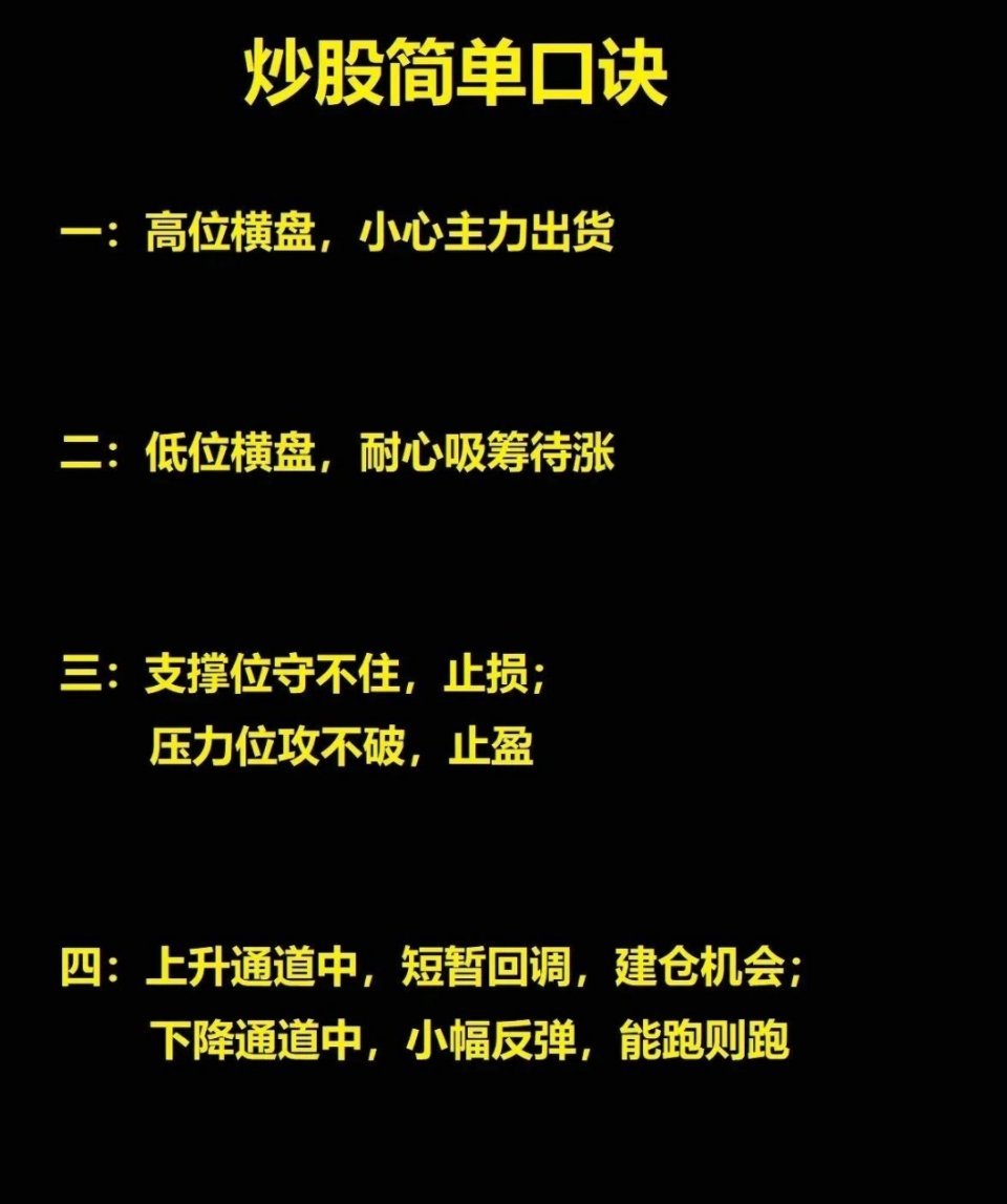 炒股简单口诀：一：高位横盘，小心主力出货。二：低位横盘，耐心吸筹待涨。三：支撑位