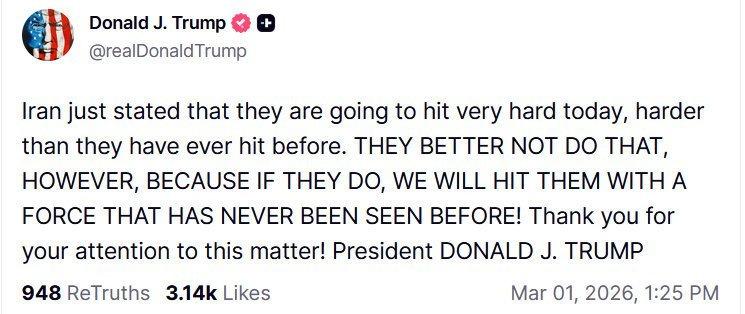 特朗普：伊朗称今天要发动非常猛烈的打击，他们最好别这么做当地时间3月1日凌晨