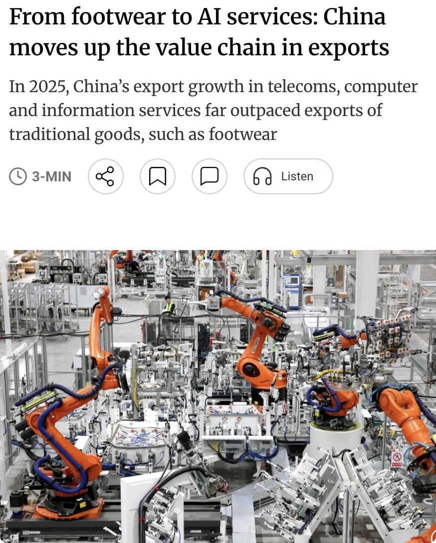 外媒：中国出口正从传统商品向高附加值服务跃迁。2025年，中国电信、计算机和
