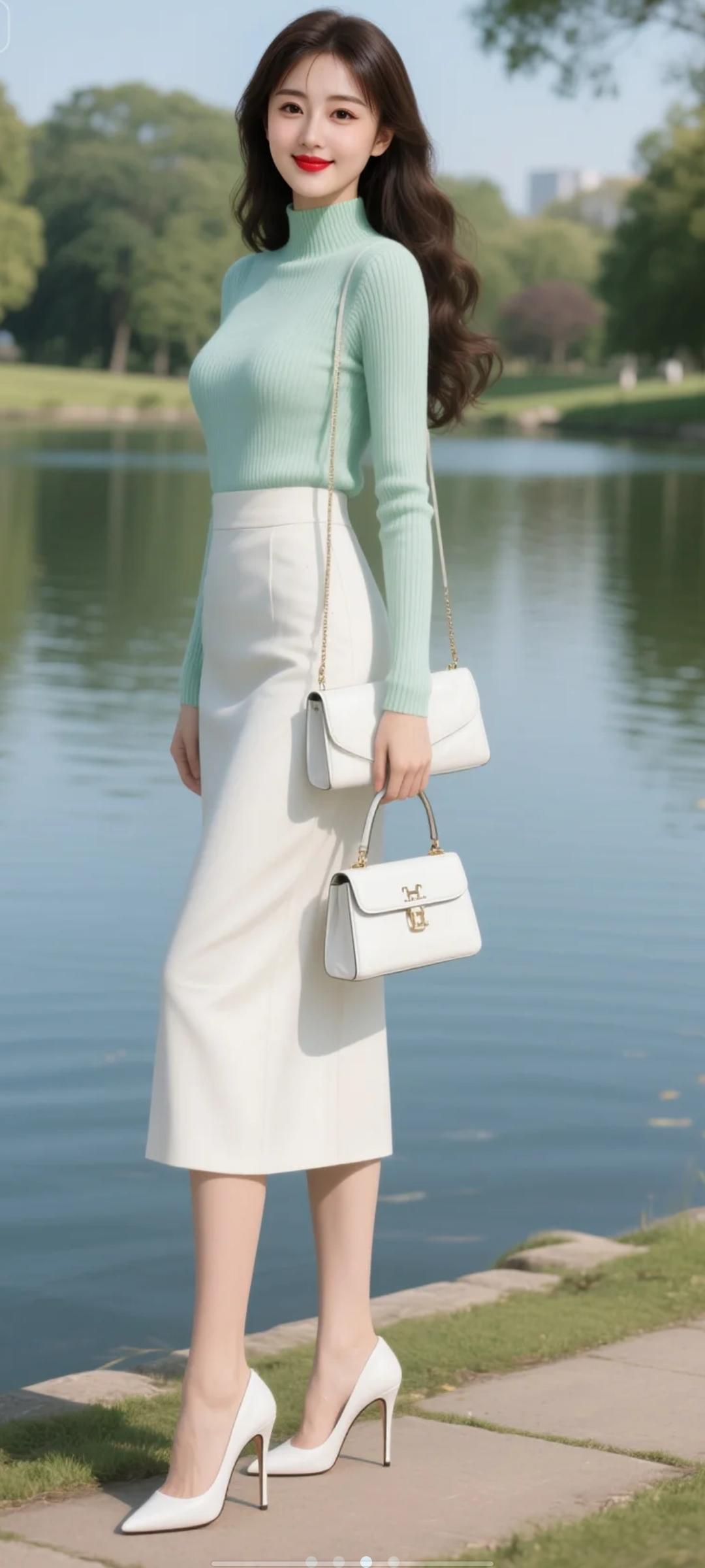 女生留着黑棕色长卷发，上身穿着薄荷绿中领针织衫，下身穿时尚长裙，手提白色爱马仕皮