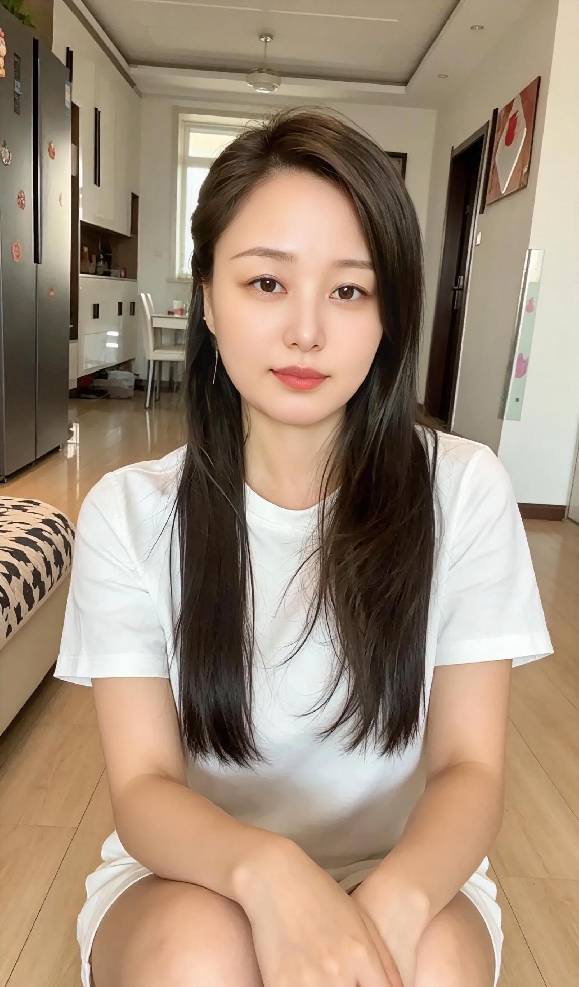 木地板上的午后时光，一件白T恤，干净又清爽。长发垂落肩头，笑容温