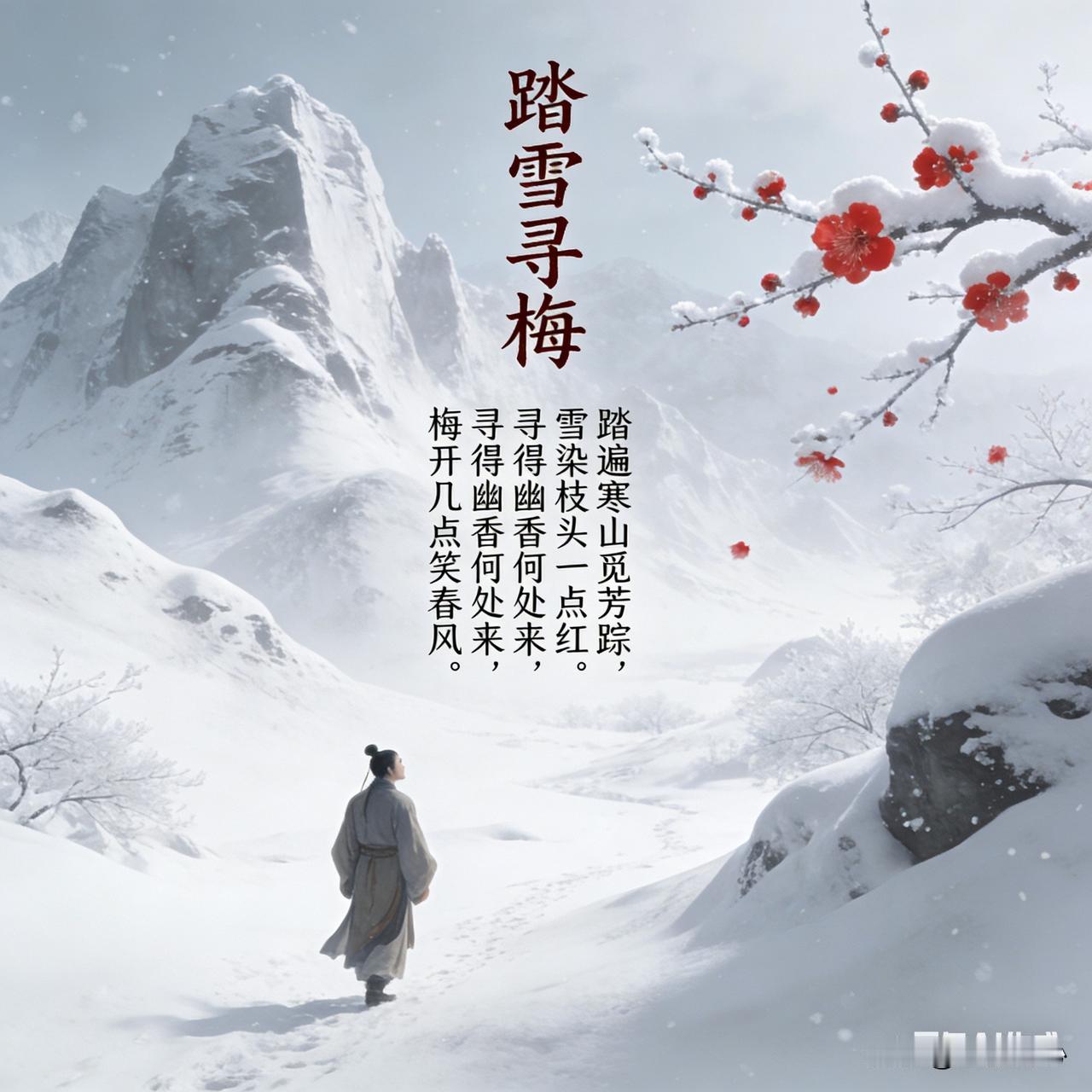 《七律*踏雪寻梅》乐韵诗心原创诗词:踏遍寒山觅芳踪，雪染枝头一点红。寻得幽