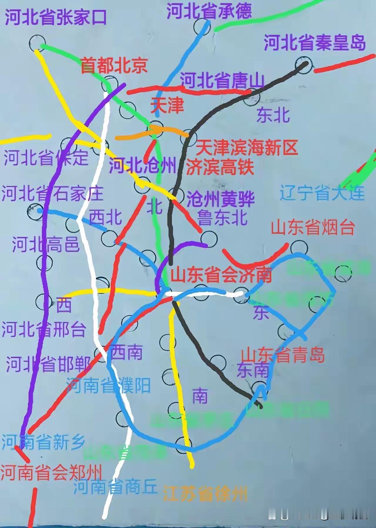 济南未来米字高铁交通枢纽中心（猜想篇），8个方位结点城市：①河北沧州居北；