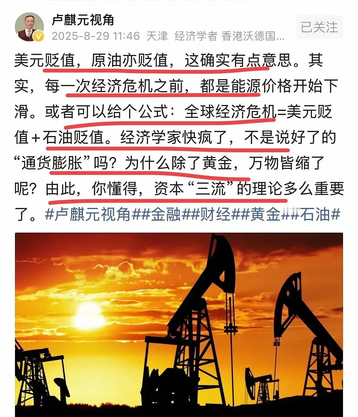著名经济学家卢麒元：经济学家快疯了！这就有点意思了！卢总说，美元贬值，原油