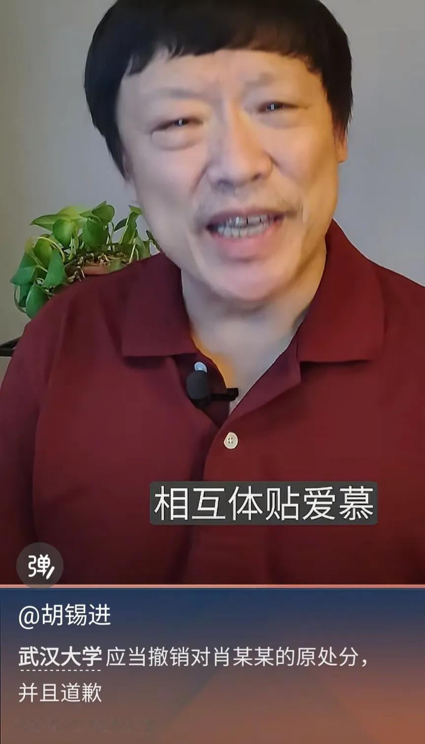 不妥！胡锡进要求武汉大学撤销对肖某的处分并道歉。近日，我看胡锡进在视频上提出