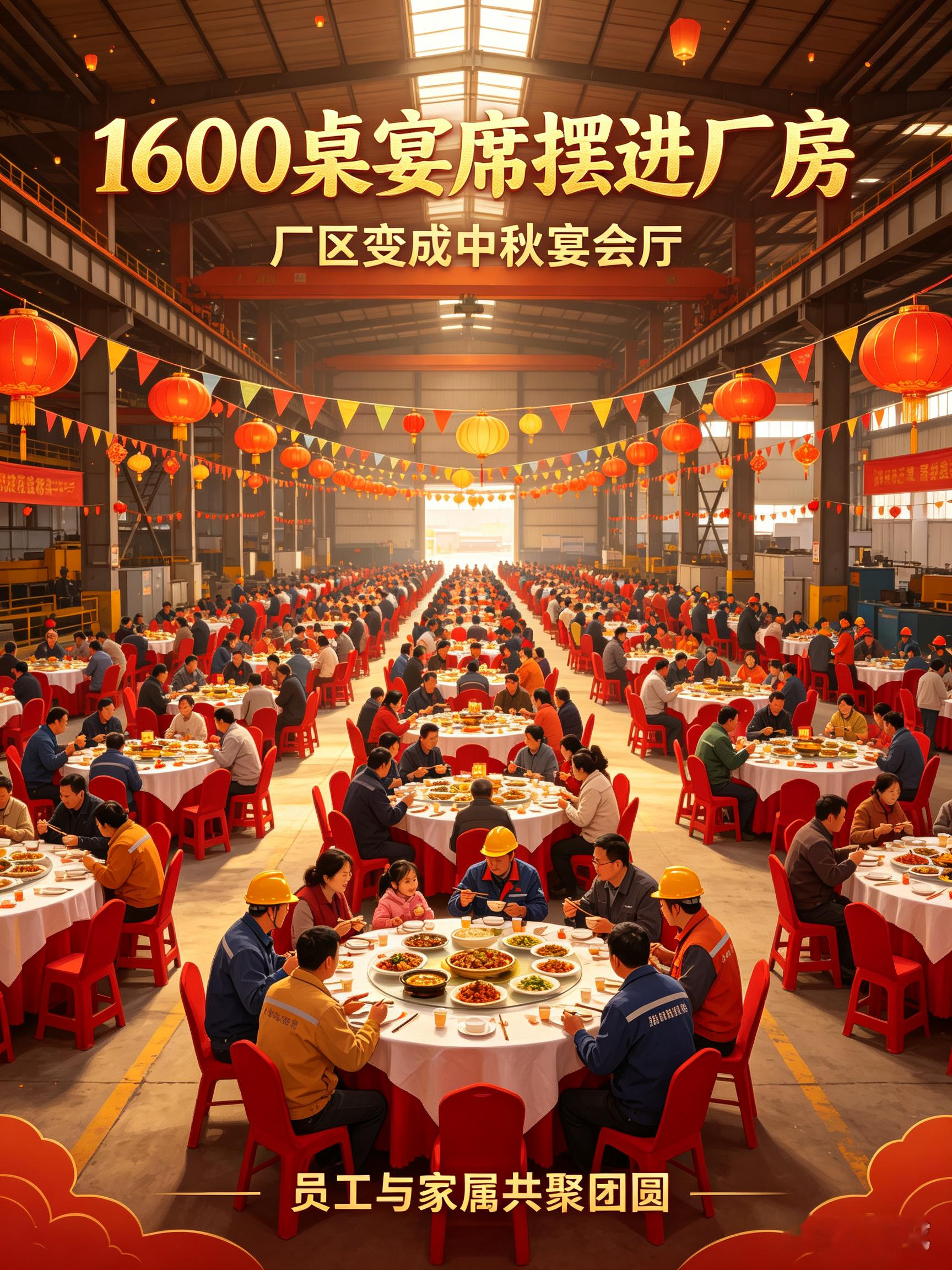 河南矿山中秋办宴，1600桌宴席直接摆进厂房。宽敞的车间临时布置成聚餐场地，员工连同家属齐聚这里，一
