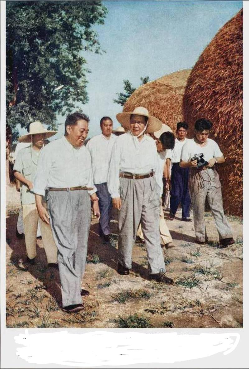 这是1958年8月7日，河南省委第一书记吴芝圃（前左一）陪同毛主席到河南省襄城