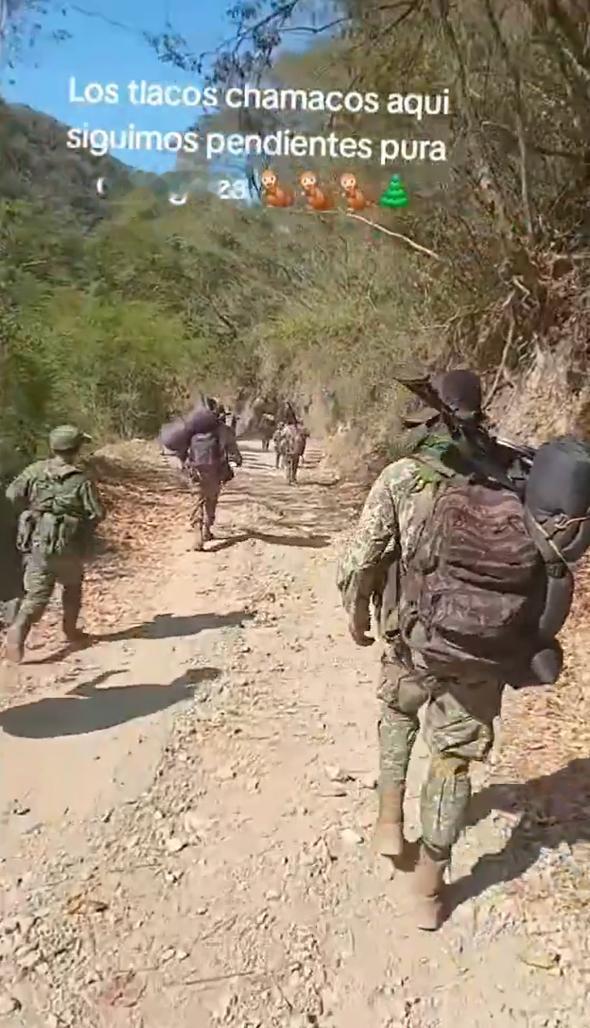 视频中约有20至30名来自LosTlacos贩毒集团的武装人员，几名成员穿着与