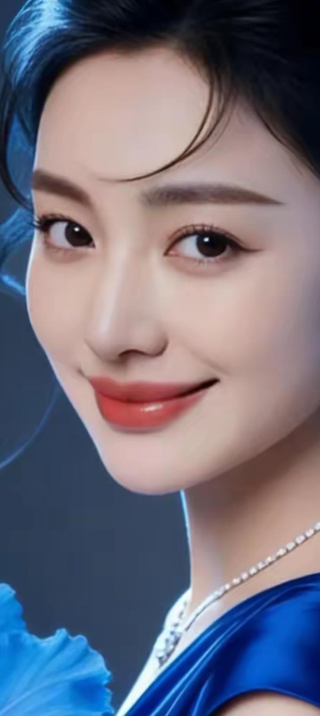 优雅蓝裙，甜美微笑，闪耀的珍珠项链，气质满分！💎✨