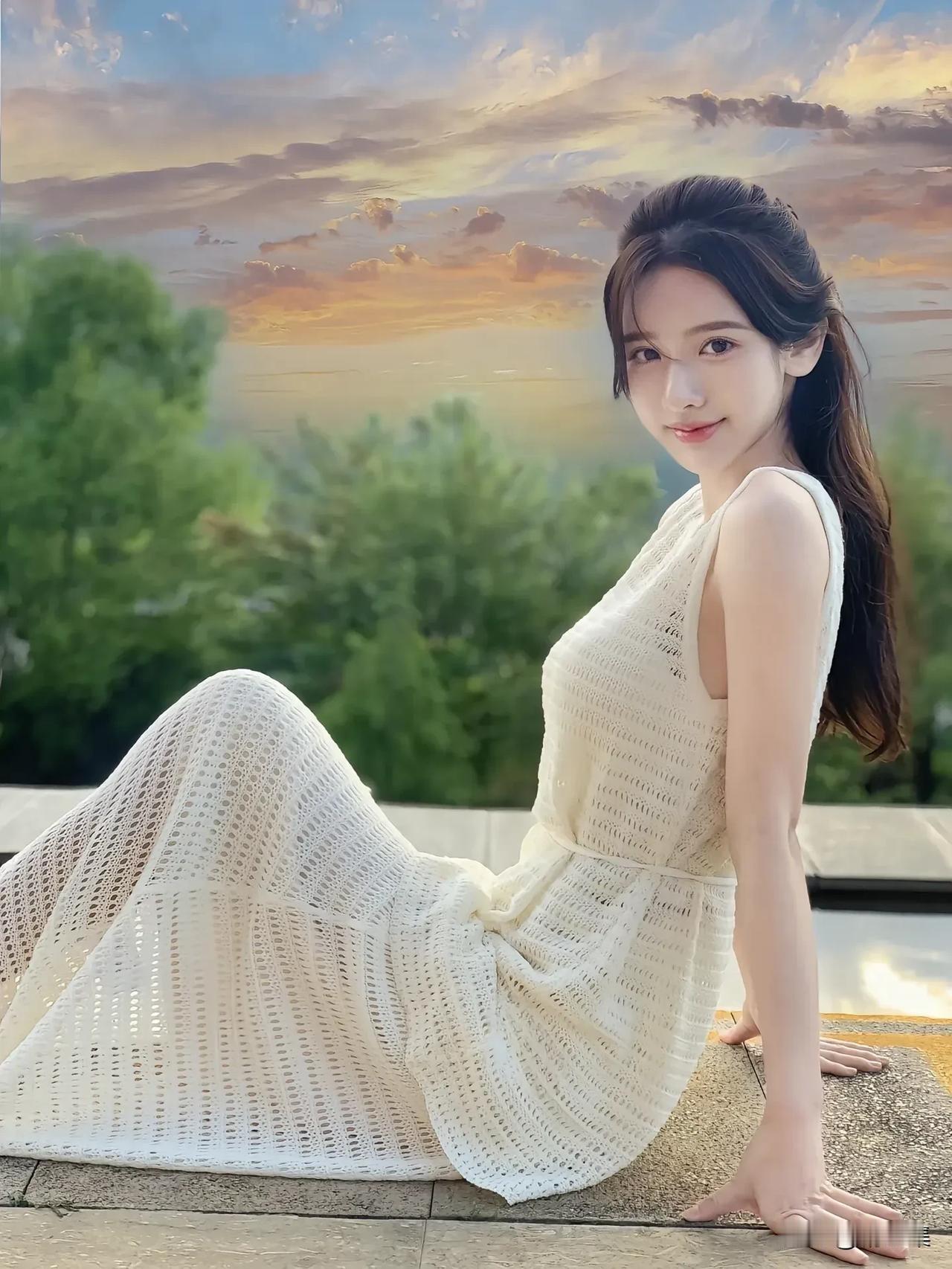 夏日黄昏，轻盈纱裙，温柔微笑，静享美好时光。