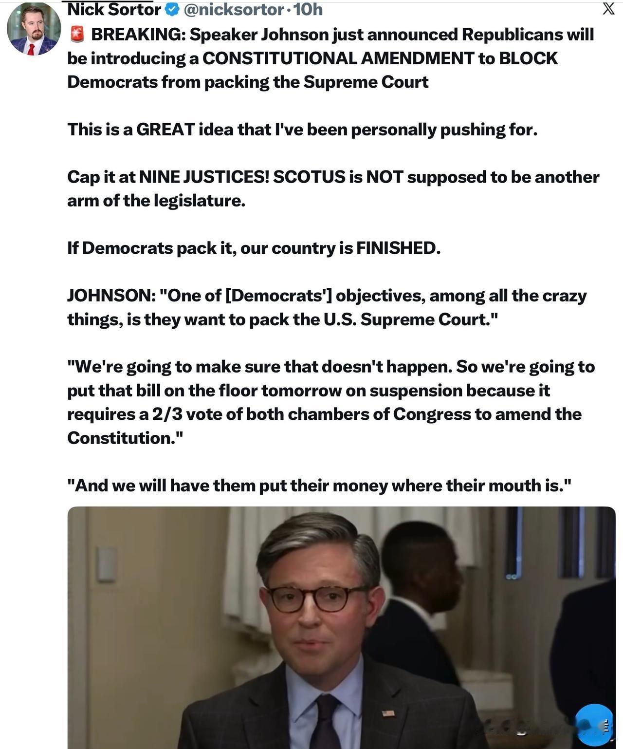 突发新闻：众议院议长Johnson刚刚宣布，共和党将提出一项宪法修正案，阻止民主