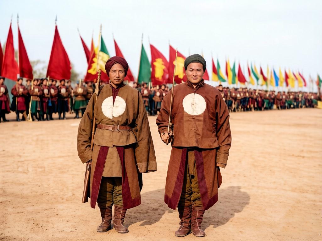 1880年，天津大沽演兵场上的两名手握马刀的清兵。他们身着带有圆形标识的号坎