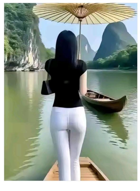 过河江南水乡就是好啊；一方水土养一方人；眉清目秀苗苗身材；手持旱伞迎面而