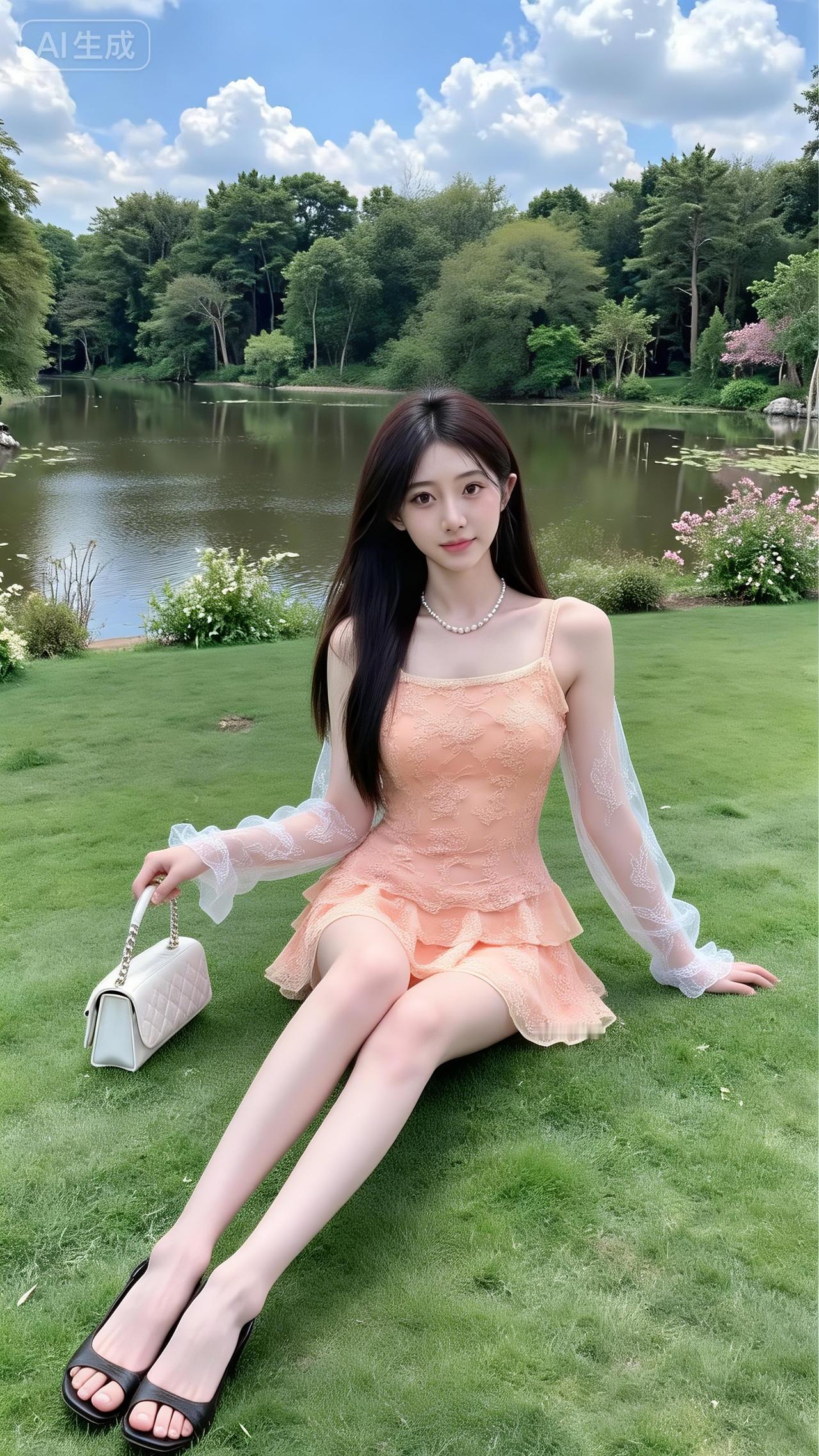 湖边草地的橘粉甜裙好温柔蕾丝吊带裙裹着透纱袖，像把晚霞揉进穿搭里，珍珠链+