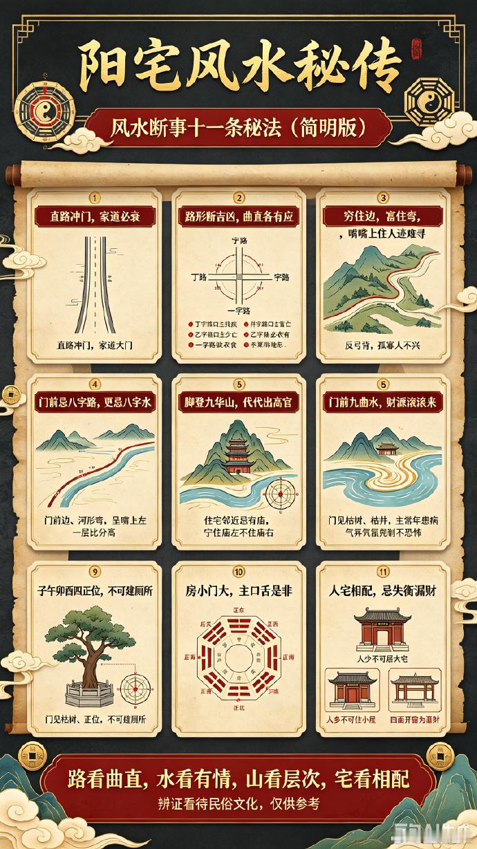 阳宅风水秘传：风水断事十一条秘法（简明版）1、直路冲门，家道必衰直路如枪，若直冲住宅，即为犯冲。长久