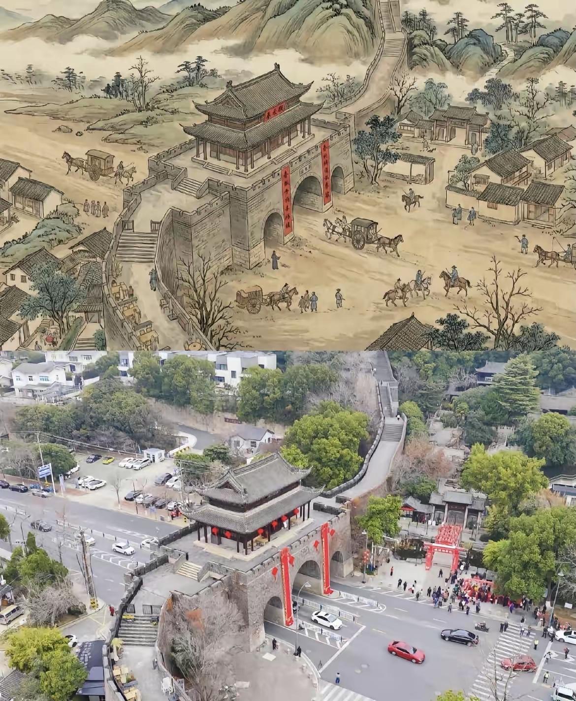 图一图三苏州常熟虞山古城墙局部。图二是《升平万国图》中描绘常熟湖山盛迹的局部。