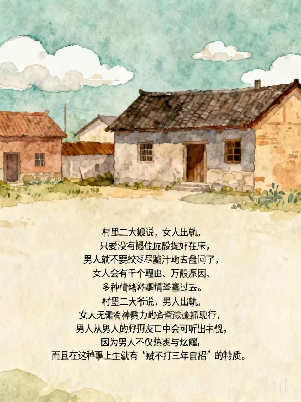 村里二大娘说：女人出轨，没当场抓现行，男人就别反复盘问。真要辩解，她能找出无数理