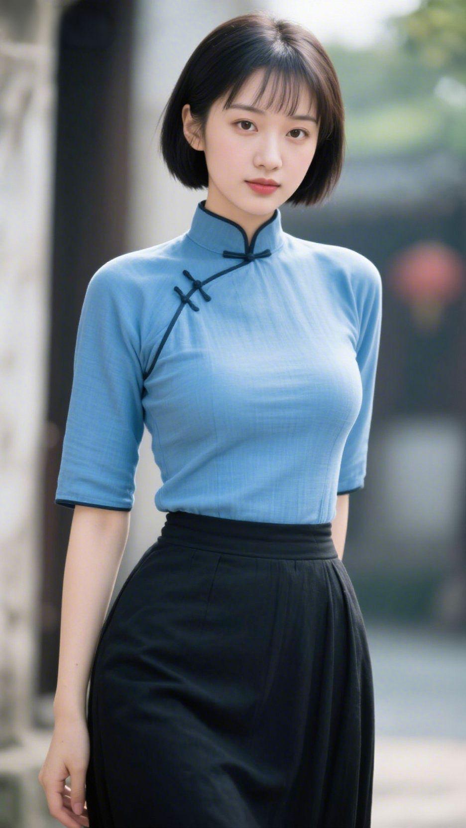 青衫裹尽旧年柔巷口的风沾着夏末的软，她立在斑驳墙根，天青上衣的领沿缀着墨色