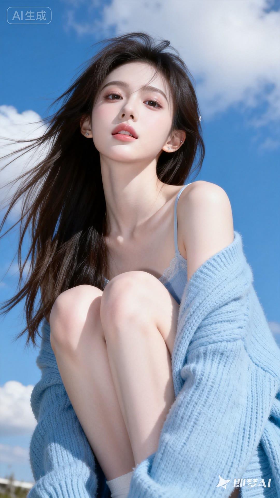 蓝天白云下的少女，温柔又迷人