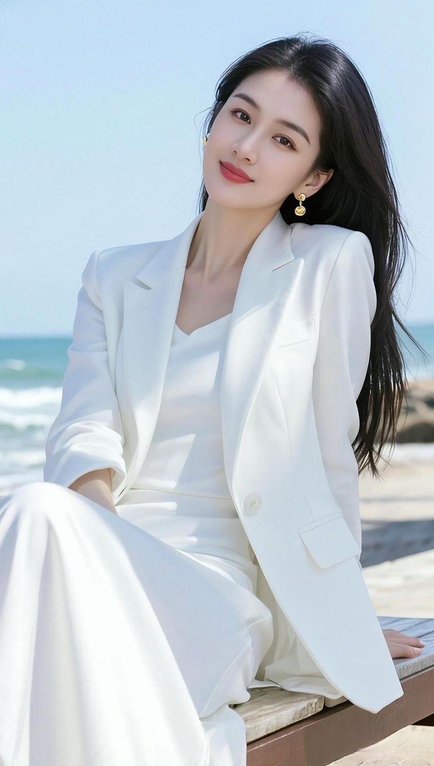 海边氛围感海边写真白色西装优雅气质