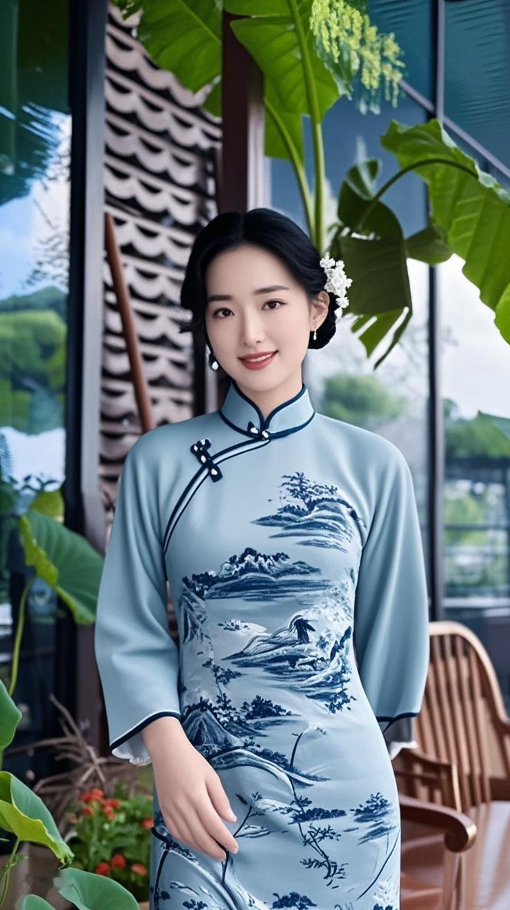 AI写真辑紫藤花垂落肩头，盘扣轻响间，是谁将“暗香浮动月黄昏”的意境，绣进了这袭