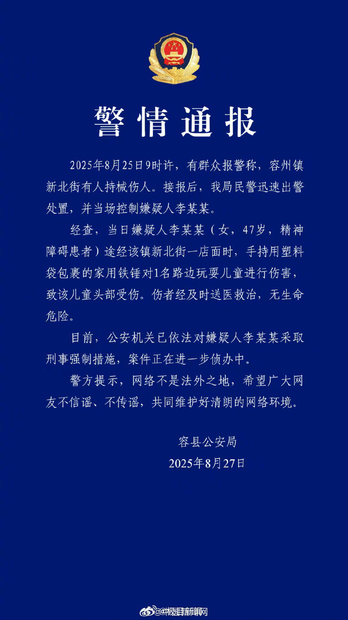 【#警方通报女子用铁锤砸伤儿童头部#对嫌疑人李某某采取刑事强制措施】#女子用