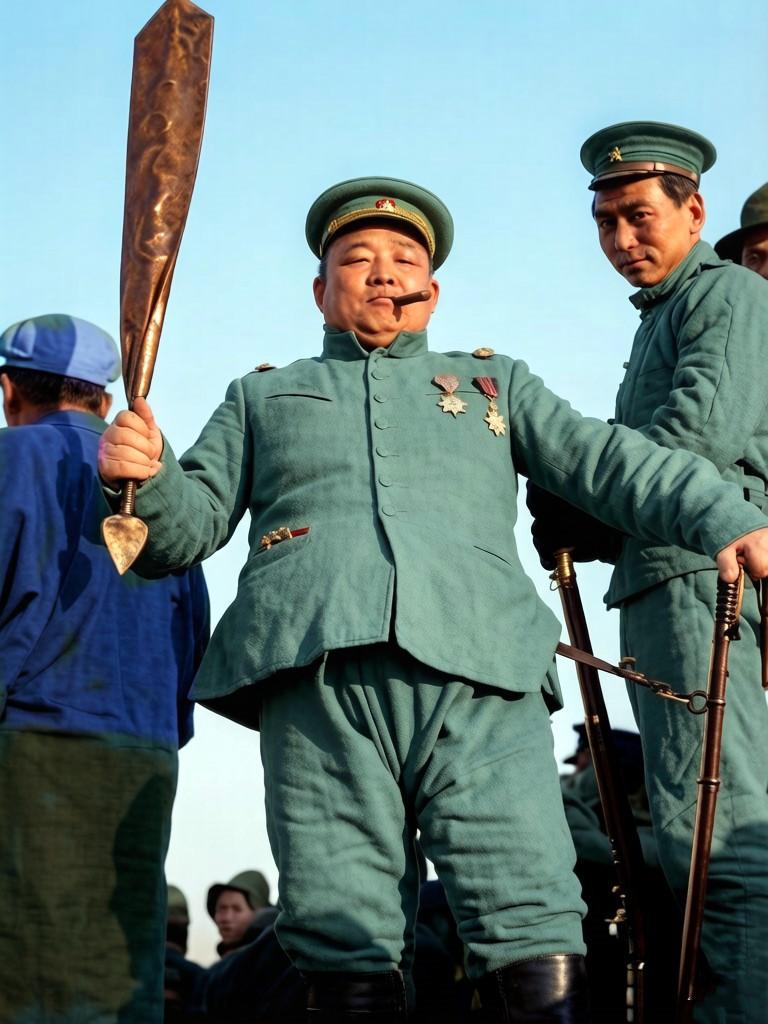 这大概是民国时期最为霸气的监斩官了：胸前别着勋章，一手拄腰刀，一手举令牌，嘴巴里