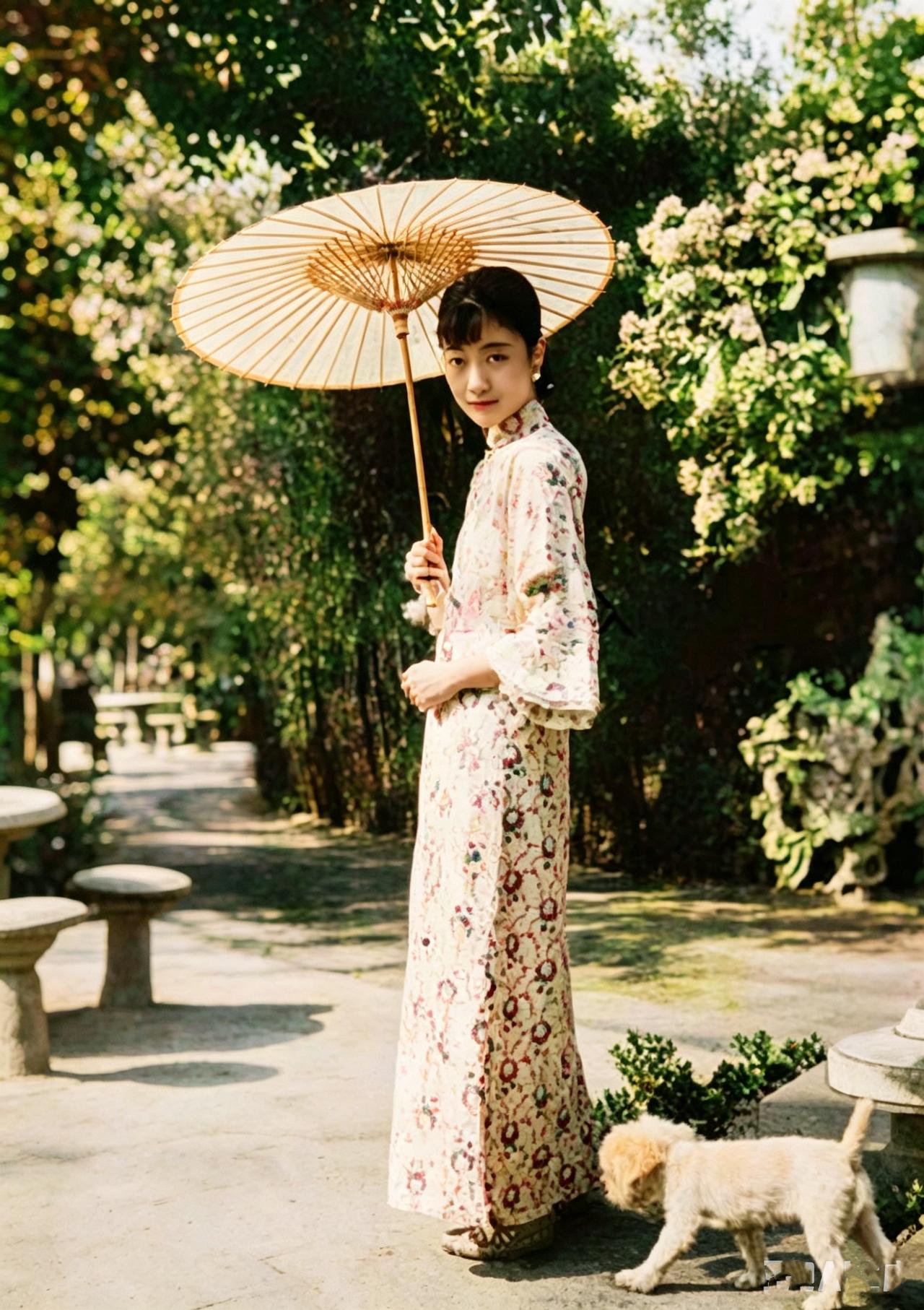 这位身材高挑，穿着昂贵的印花旗袍，手持油纸伞，楚楚动人的美女正是末代皇后婉容。弟