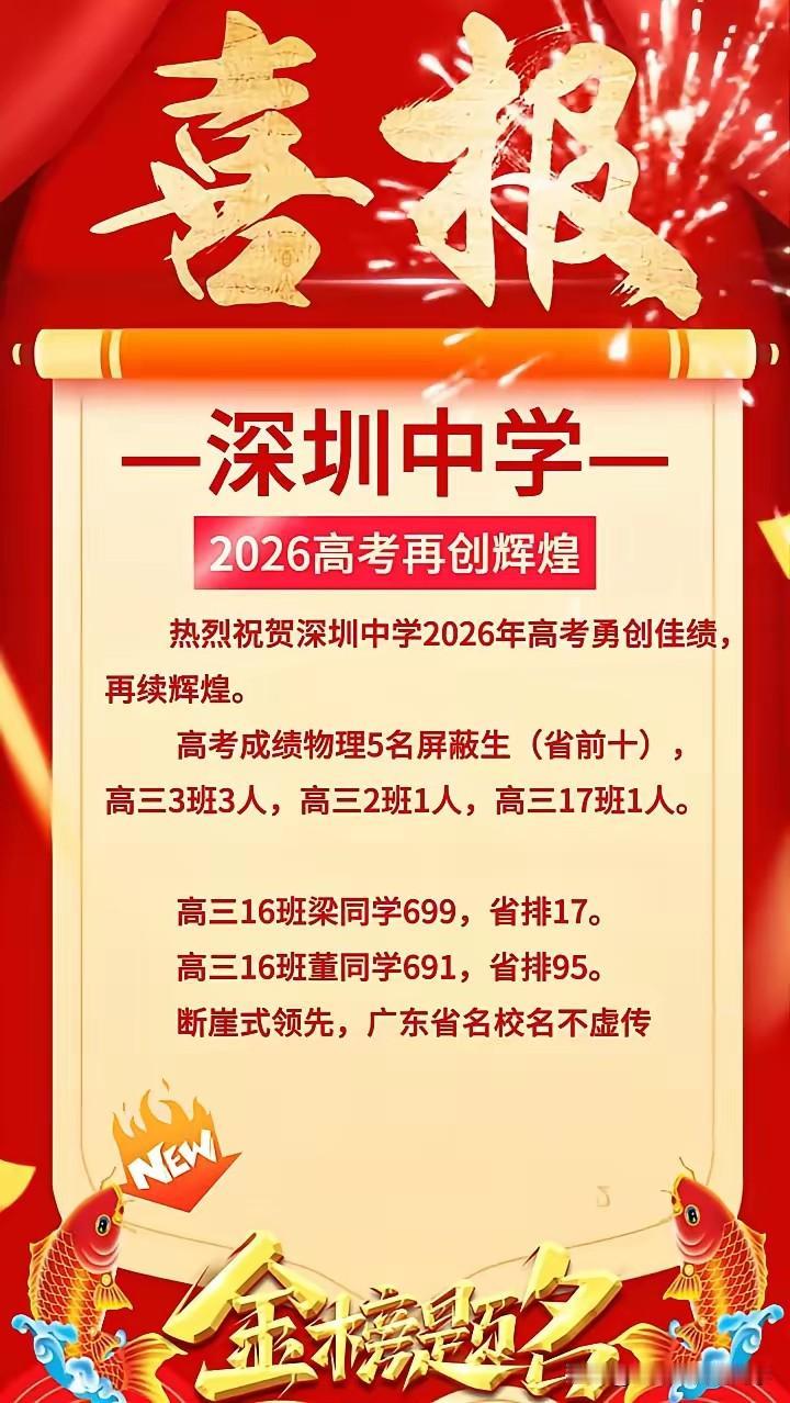 2026广东省高考深圳中学成绩太亮眼了全省高考总分前十深中占据5席，深中66
