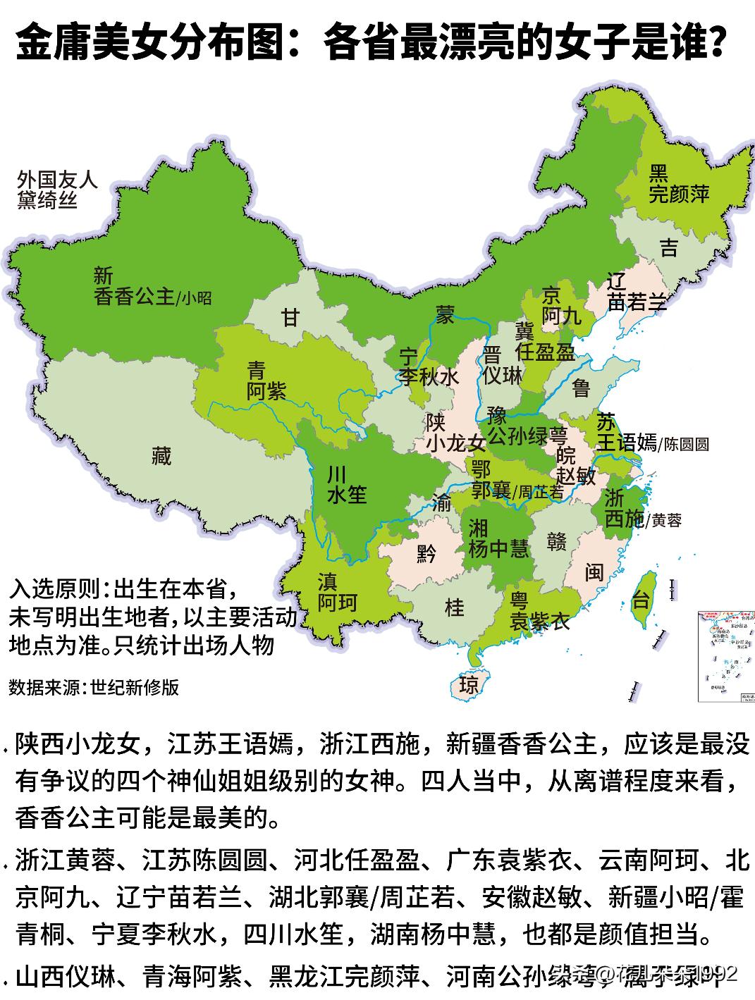 金庸美女分布图：各省的颜值天花板是谁？T0级:·新疆：香香公主·陕西：小