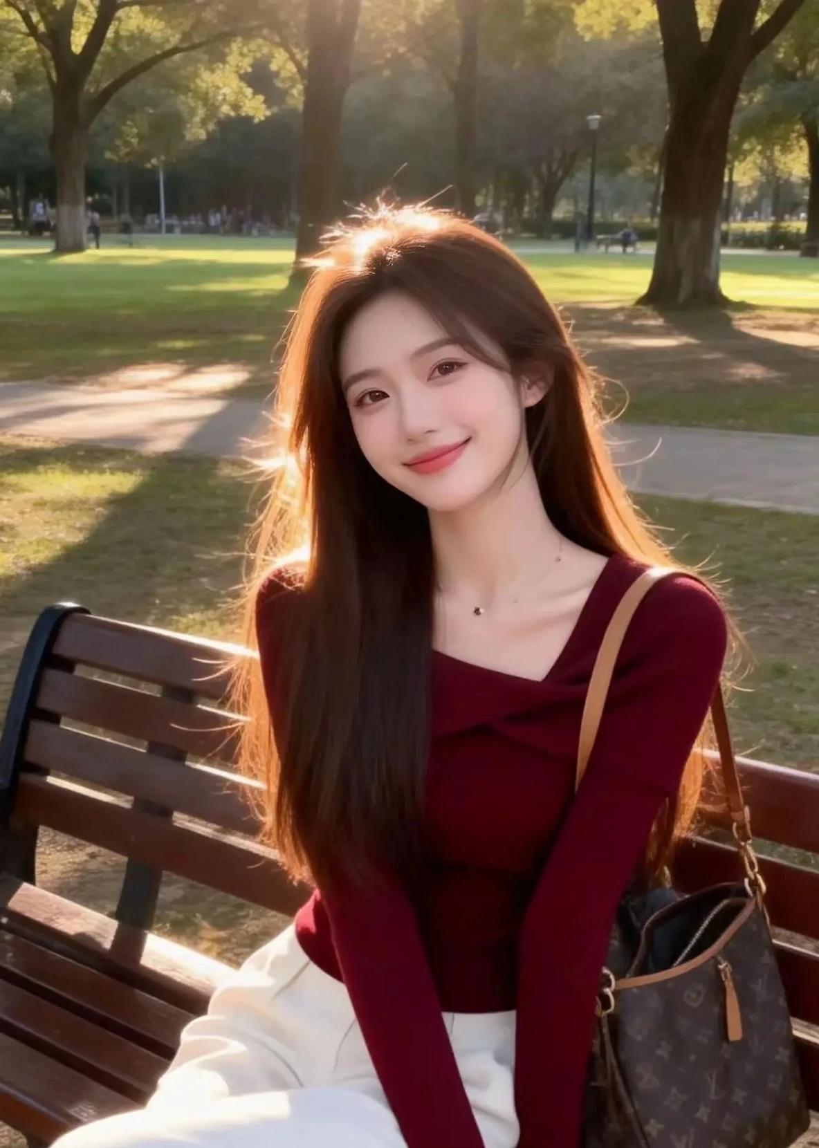 阳光洒落，公园长椅上的少女，温柔微笑