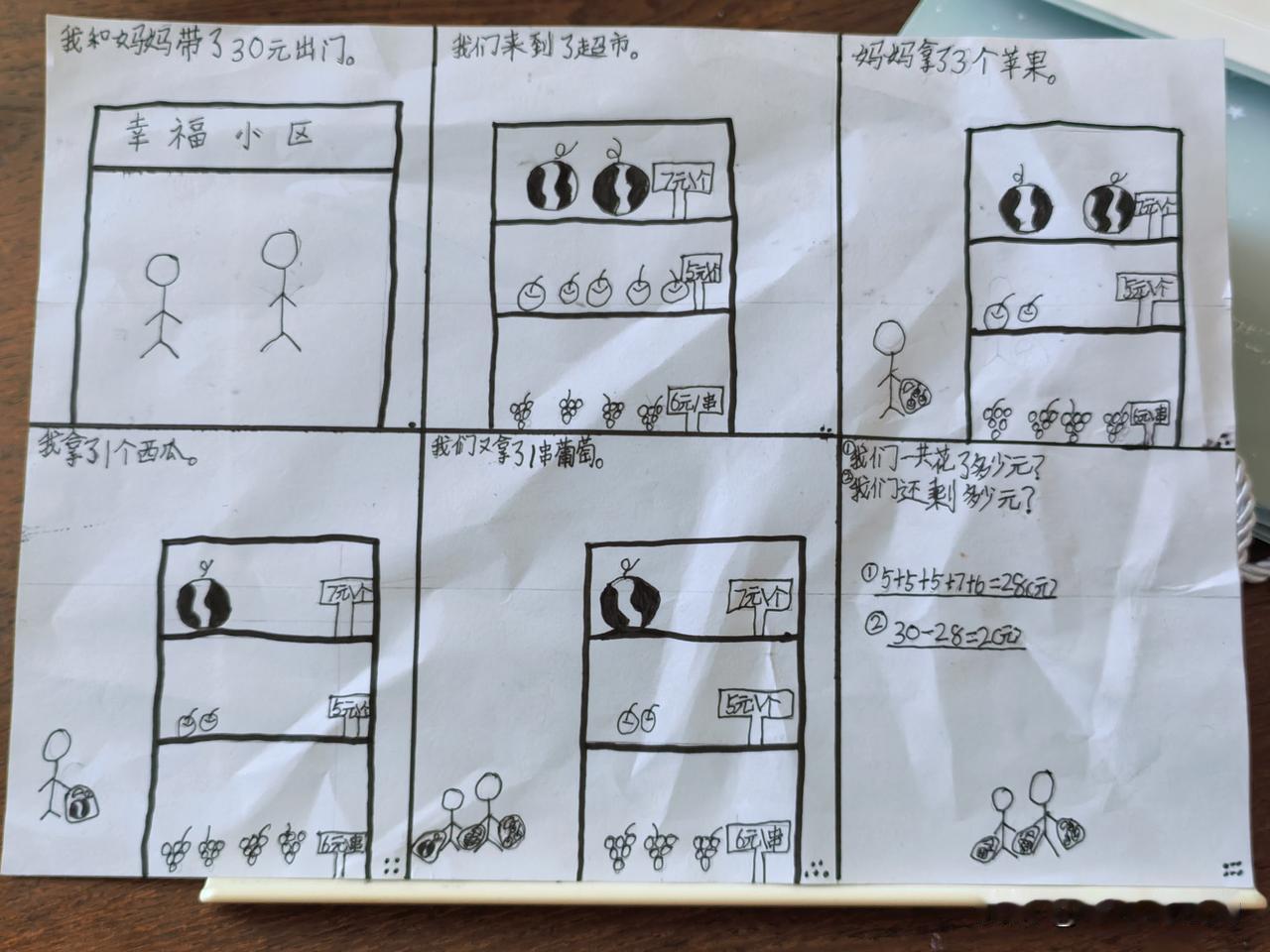 今天周一，小孙女展示了一部作品，我看了半天没看明白。又是漫画又是算数，看样子还很