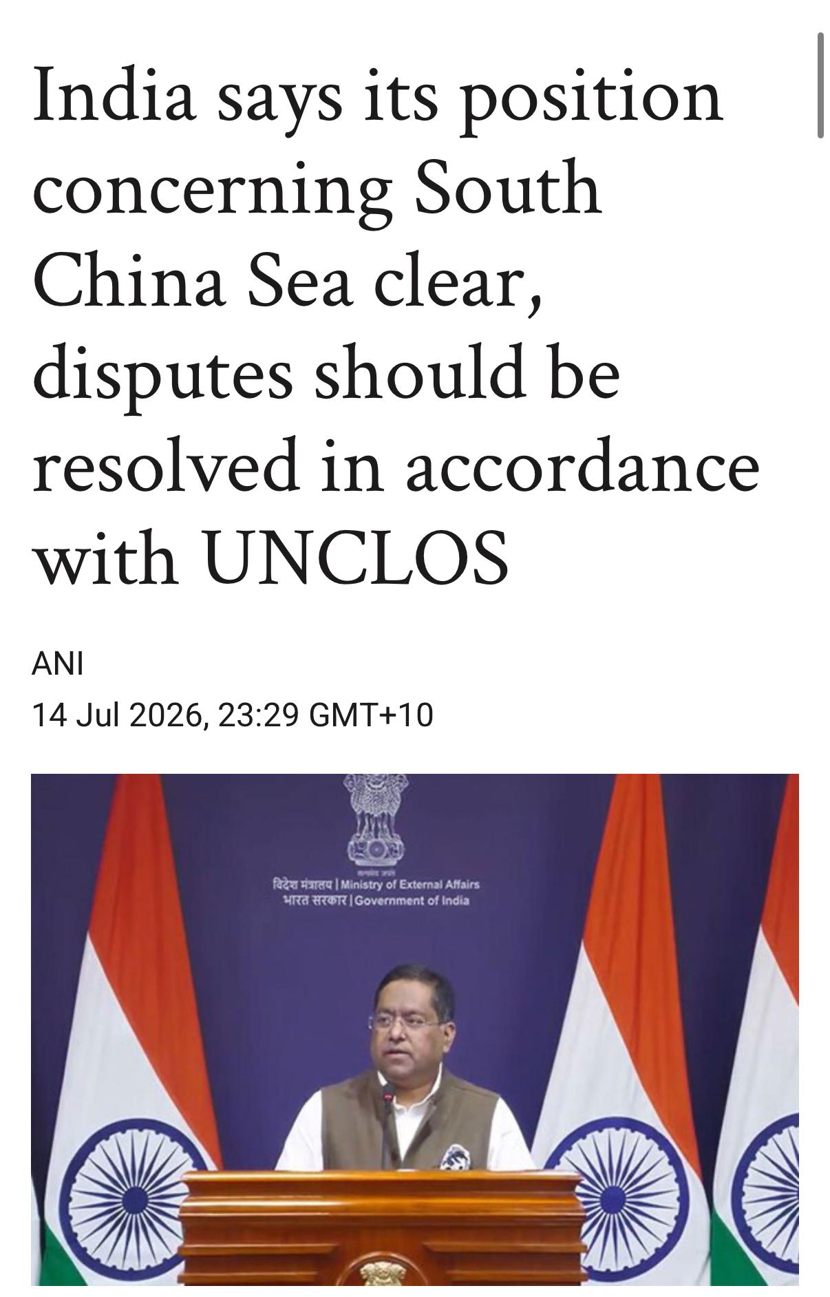 印媒：印度在南海踩中国红线，这次要来真的。7月14日，印度外交部公然为南海仲