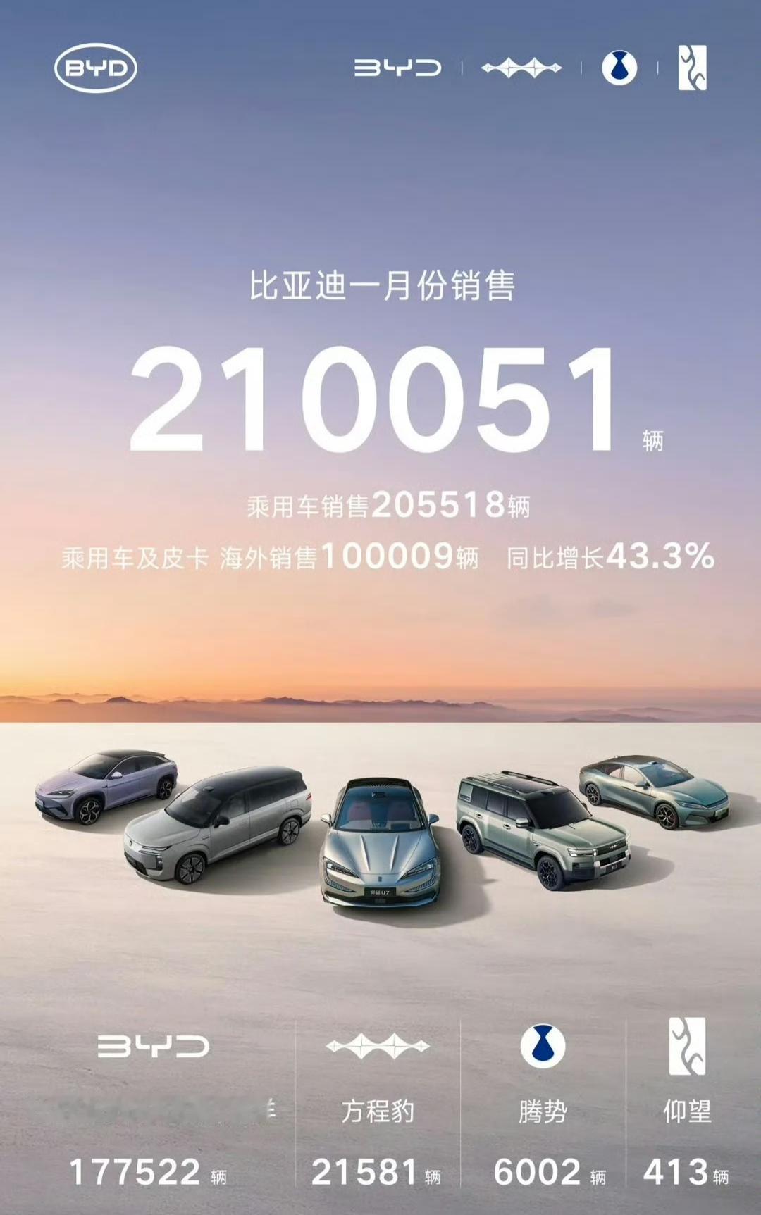 一月份销量出炉了，比亚迪1月销量21万台，同比减少30.11%，其中出口10万台