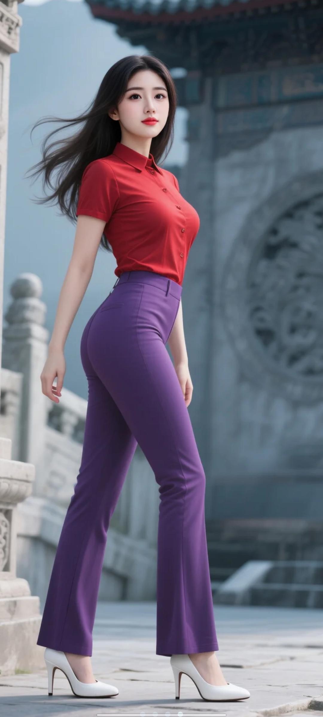 好漂亮啊，紫色修身裤，搭配红色上衣，太漂亮了吧怎么穿出优雅迷人的气质什么样的