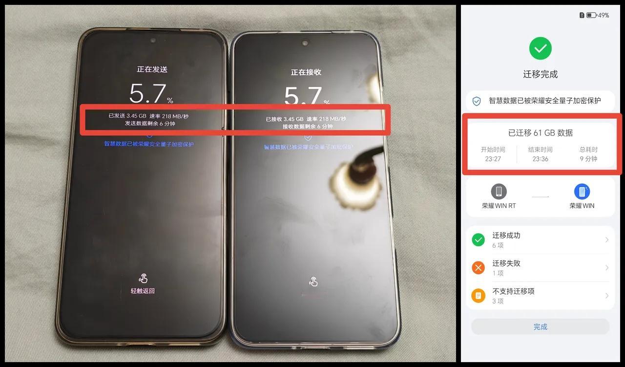 9分钟搞定61GB数据迁移，这速度属实离谱了！入手荣耀WIN的第一件事，就是把