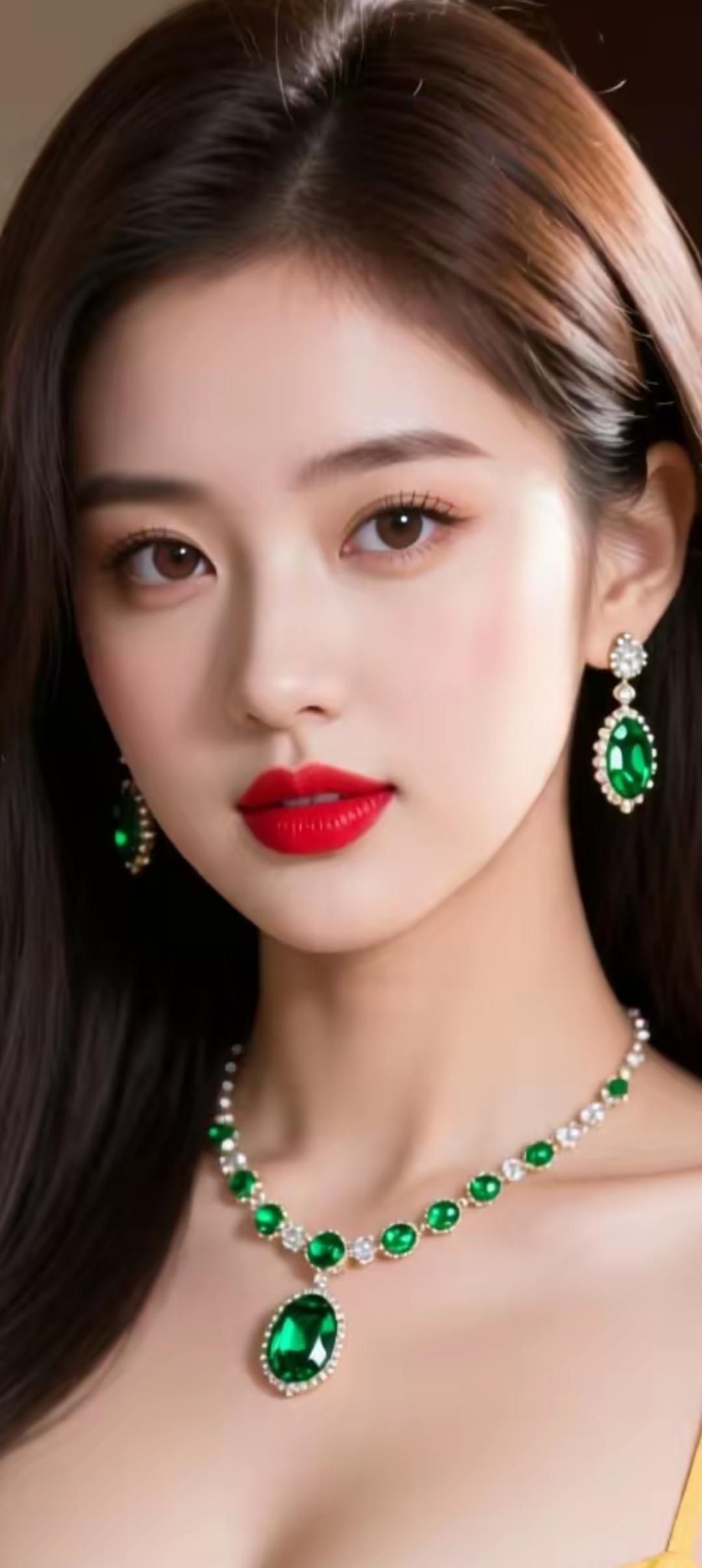 惊艳的绿宝石项链，搭配红唇，尽显优雅与奢华！
