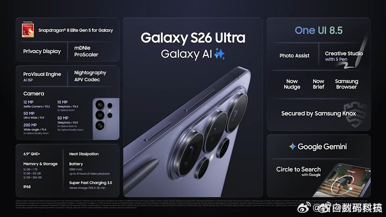 三星GalaxyS26Ultra刹那汇总（国行）处理器：第五代骁龙8