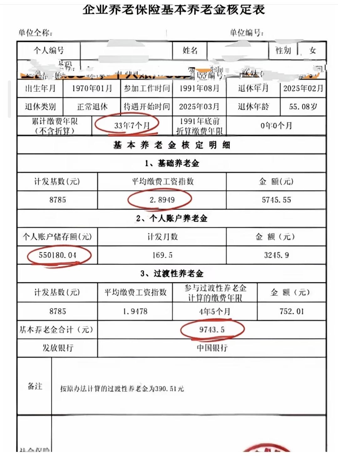 企业女工55岁退休，养老金直接干到9743元！这张核定表把真相全说透了！坐标