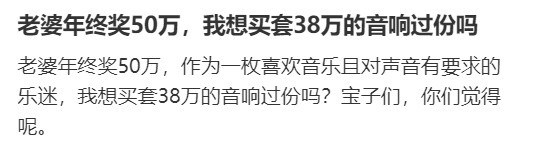 老婆年终奖50万，我想买套38万的音响过份吗？