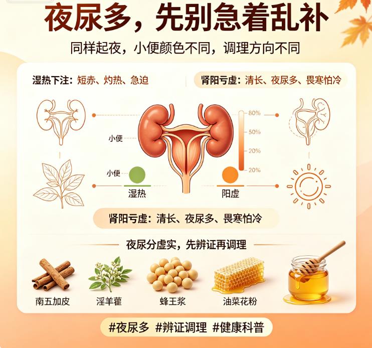 夜尿多，先别急着乱补❗️同样是起夜，小便颜色不同，调理方向天差地别👇🔍